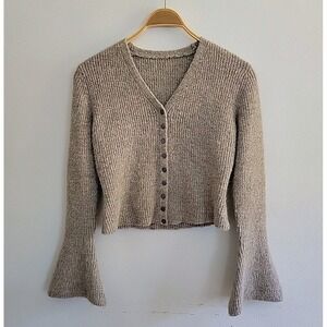 Commense Flare Sleeve Button Cardigan Tan Rib Knit V Neck Casual Classic